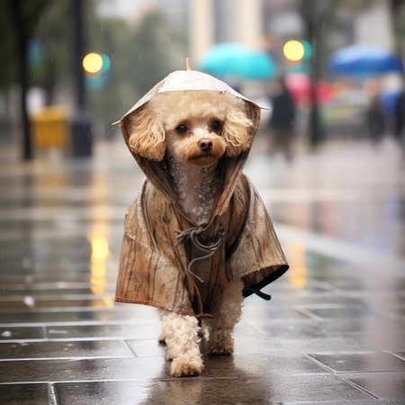 Generative AI : funny chihuahua dog posing in a raincoat outdoors by a puddleの素材
