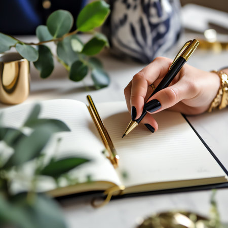 Generative AI : female hands with pen writing on notebookの素材