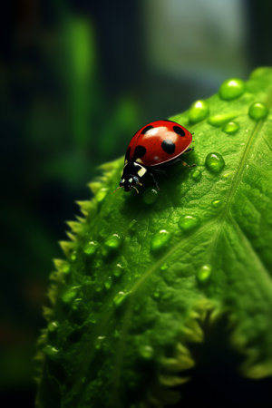 Generative AI : ladybug coccinella magnifica on basil leafs eating aphids pesticide free biological pest control through natural enemies organic farming conceptの素材