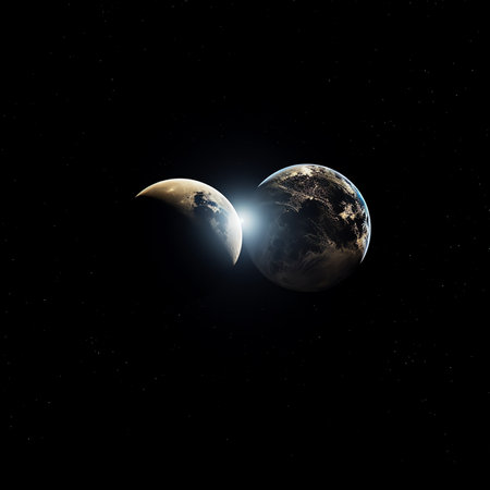Generative AI : lunar and solar eclipse partial earth view with presence in space with satellite shadowの素材