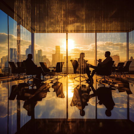 Generative AI : image of People silhouettes at morden office buildingの素材