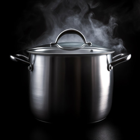 Generative AI : preparation of boiling water for cooking rice or pasta The cookware on the stove in the home kitchen is shown as well as the addition of rice and salt in the flyingの素材