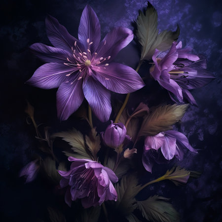 Generative AI : purple amaryllis blossom and budblack backgroundfine art still life color macro detailed textured bloom in vintage painting styleの素材