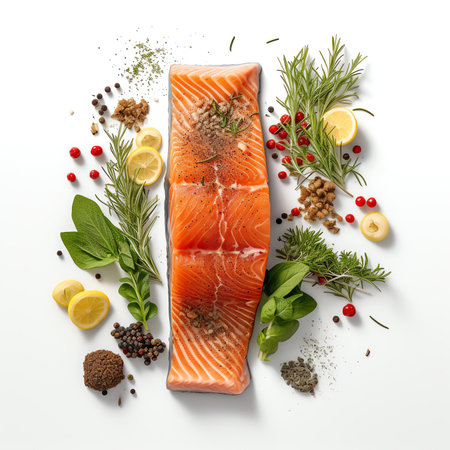 Generative AI : roasted salmon steak and vegetables isolated on white background top viewの素材