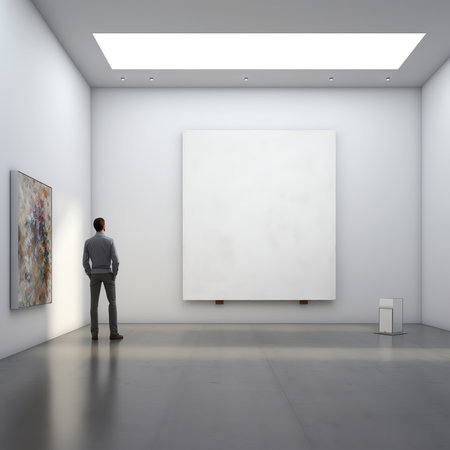 Generative AI : person draws with a brush and paints on a large canvas in an art studio creative modern artist of fine art a masterpiece of drawing drawing training art school distの素材
