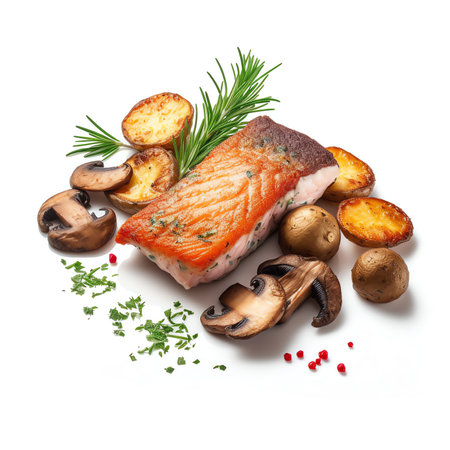 Generative AI : roasted salmon steak and vegetables isolated on white background top viewの素材