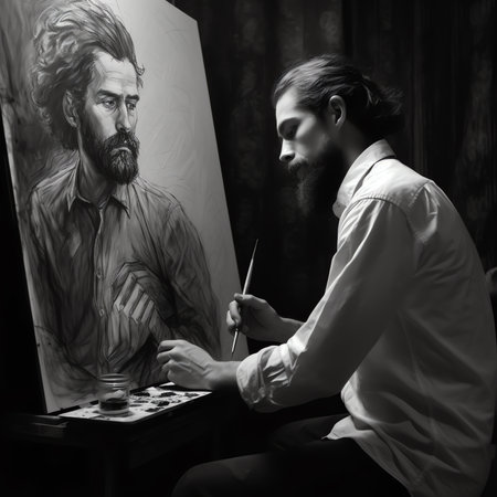 Generative AI : person draws with a brush and paints on a large canvas in an art studio creative modern artist of fine art a masterpiece of drawing drawing training art school distの素材