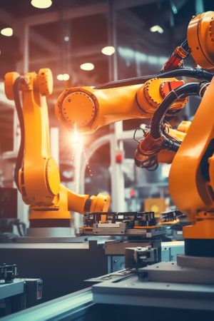 Generative AI : robotic arm catch for electronic assembly line The robot for smart technology manufacturing processの素材