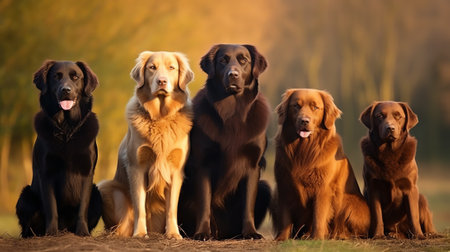 Generative AI : curly coated retriever golden retriever labrador nova scotia duck tolling retriever and flat coated retriever dogs sitting together outdoorsの素材