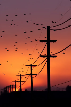 Generative AI : silhouettes of construction and power lines at sunsetの素材