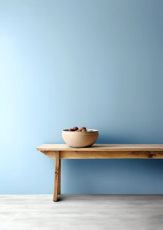 Generative AI : sky blue wall and an empty tableの素材