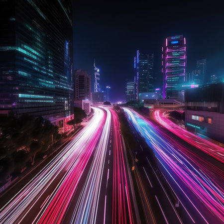 Generative AI : the light trails on the modern building backgroundの素材