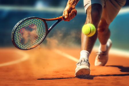 Generative AI : tennis player play tennis sport by hit tennis ball with racket in court and stadium for tennis challenge tournament for health and exerciseの素材