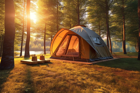 Generative AI : tourist tent in forest camp with sun riseの素材