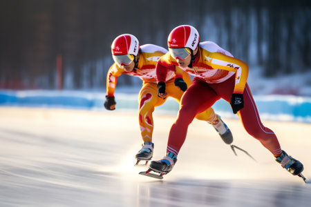 Generative AI : three male skaters run together warmup speed skating competition winter sports gamesの素材