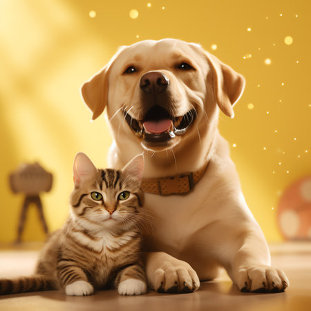 Generative AI : two dogs and one cat staring at camera in front of a yellow backgroundの素材