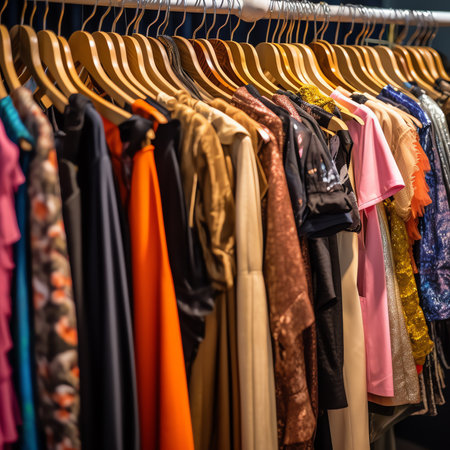 Generative AI : some used clothes hanging on a rack in a flea marketの素材