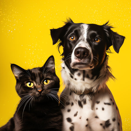 Generative AI : two dogs and one cat staring at camera in front of a yellow backgroundの素材