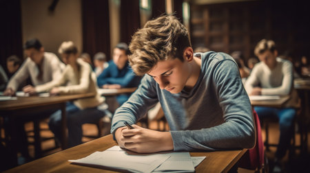 Generative AI : soft focushand high school or university student in casual holding pencil writing on paper answer sheetsitting on lecture chair taking final exam or study attendingの素材