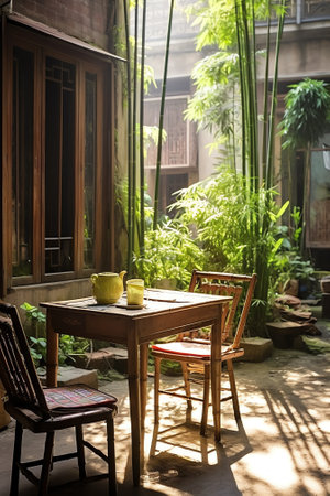 Generative AI : terrace with retro table and chairs in garden with wall with green vinesの素材