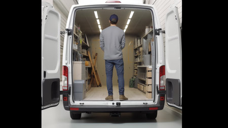 Generative AI : van in loading and unloading commercial cargo in warehouse dockの素材