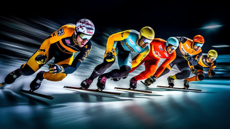 Generative AI : three male skaters run together warmup speed skating competition winter sports gamesの素材