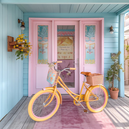 Generative AI : vintage bicycle on vintage wooden house wallの素材