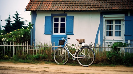 Generative AI : vintage bicycle on vintage wooden house wallの素材