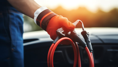 Generative AI : woman hand inserts power cable supply to charge electric or EV car at sunlightの素材