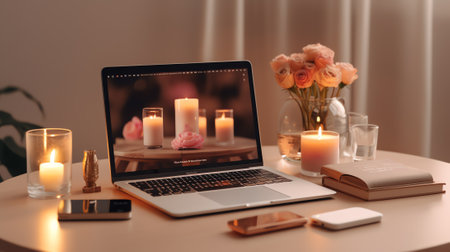 Generative AI : woman work on laptop computer with blank display screen with mockup copy space home interior decorated for Christmas celebration with Christmas tree and garland ligの素材