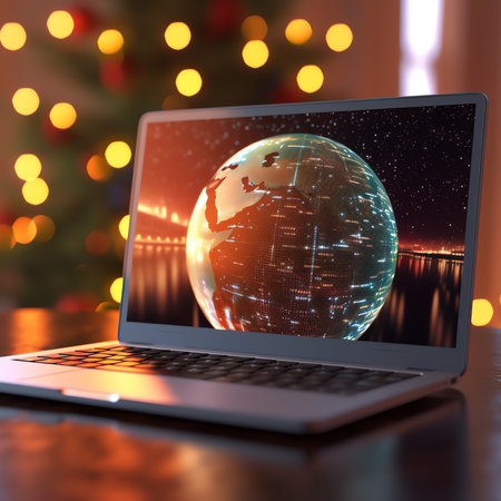 Generative AI : woman work on laptop computer with blank display screen with mockup copy space home interior decorated for Christmas celebration with Christmas tree and garland ligの素材