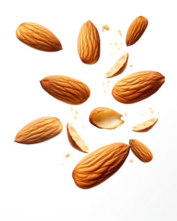 Generative AI : Almond isolated Group of nuts on white background Collection Clipping path included Full depth of fieldの素材