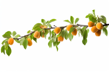 Generative AI : Apricots with leaves on a white backgroundの素材