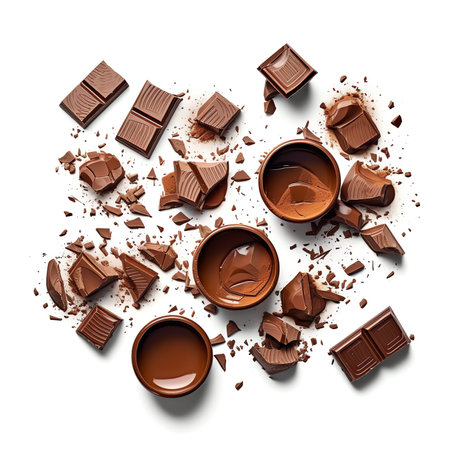 Generative AI : Broken chocolate isolated Chocolate cracks on white Chocolate pieces setの素材