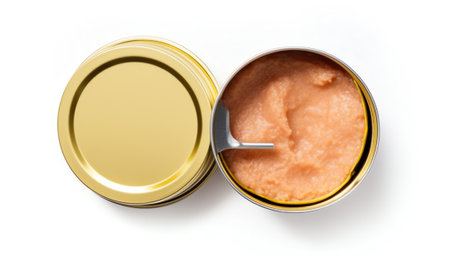 Generative AI : Canned tuna with vegetables Tuna salad Canned tuna chunks on white plate isolatedの素材