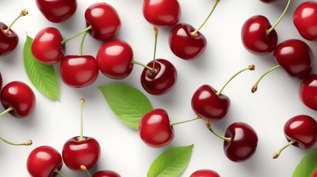 Generative AI : Cherries Cherry background Cherries top view Cherry with leaves on white backgroundの素材