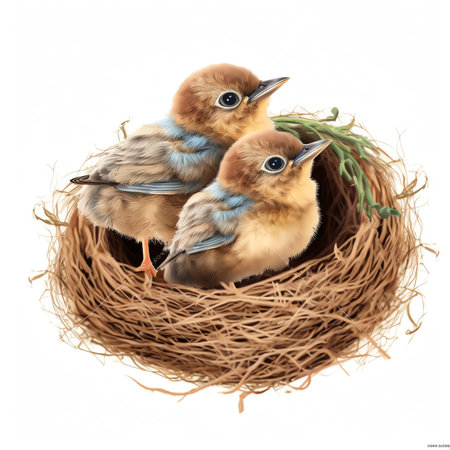 Generative AI : Chicken in nest with eggs isolated on whiteの素材