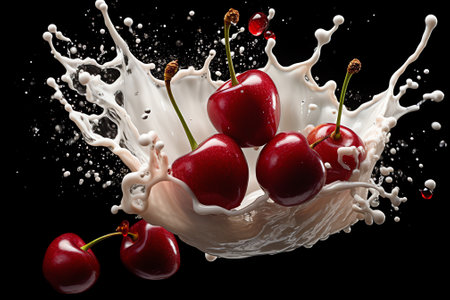 Generative AI : Cherry is falling into milk Splash isolated on white backgroundの素材
