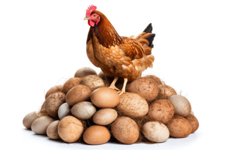Generative AI : Chicken in nest with eggs isolated on whiteの素材