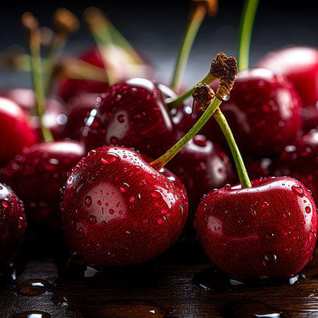 Generative AI : Cherry Fresh organic berries with leaves macro Fruit backgroundの素材