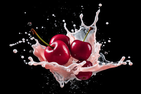 Generative AI : Cherry is falling into milk Splash isolated on white backgroundの素材