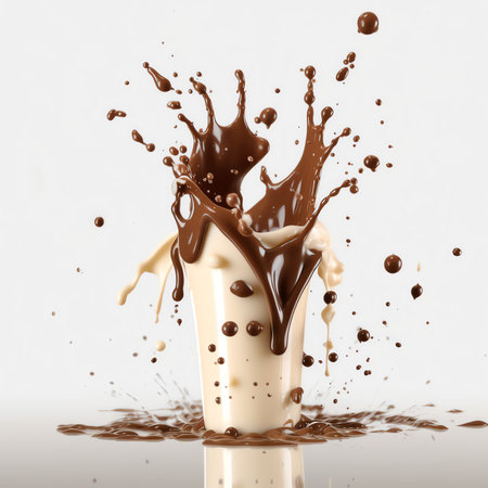 Generative AI : Chocolate is falling into milk Splash isolated on white backgroundの素材
