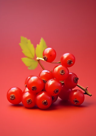 Generative AI : Cranberry with leaves Red backgroundの素材