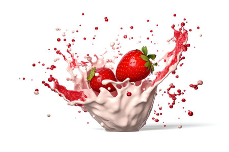 Generative AI : Falling strawberries Isolated on a white backgroundの素材