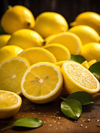 Generative AI : Fresh organic fruit  lemons on wood background selective focusの素材