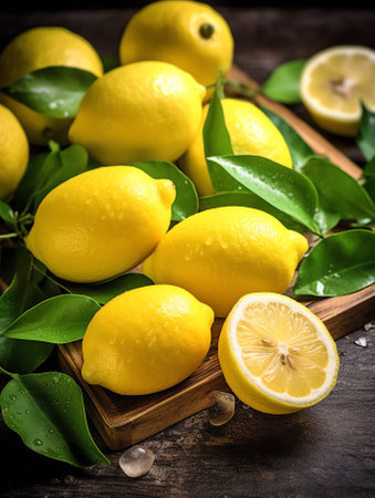 Generative AI : Fresh organic fruit  lemons on wood background selective focusの素材