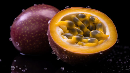 Generative AI : Granadilla Whole and a half passion fruit with leaves isolated on whiteの素材