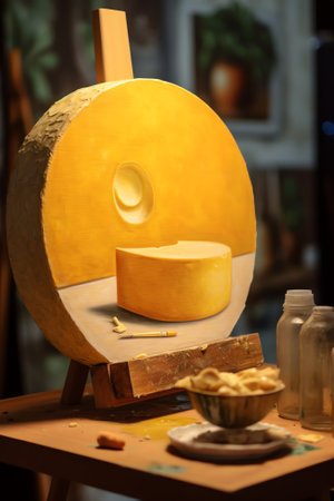 Generative AI : Cheese wheel on wooden tableの素材