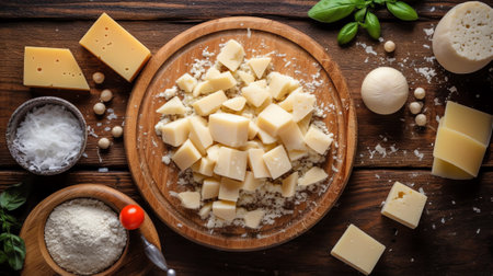 Generative AI : Cheese wheel on wooden tableの素材