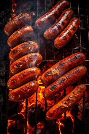 Generative AI : Grilled sausages on the barbecueの素材